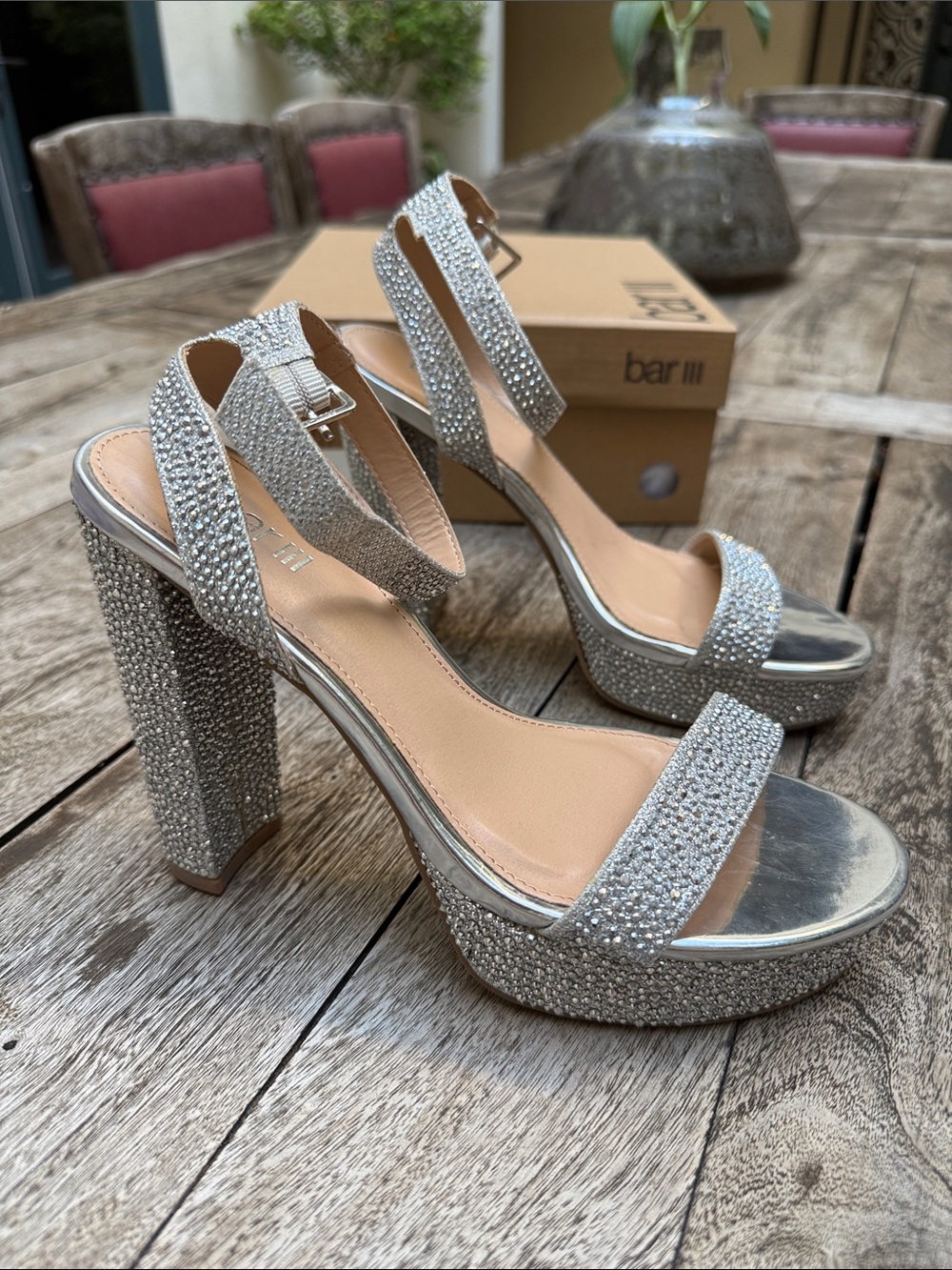 NEW Bar III Ivy Silver Rhinestone Platform Block Heels